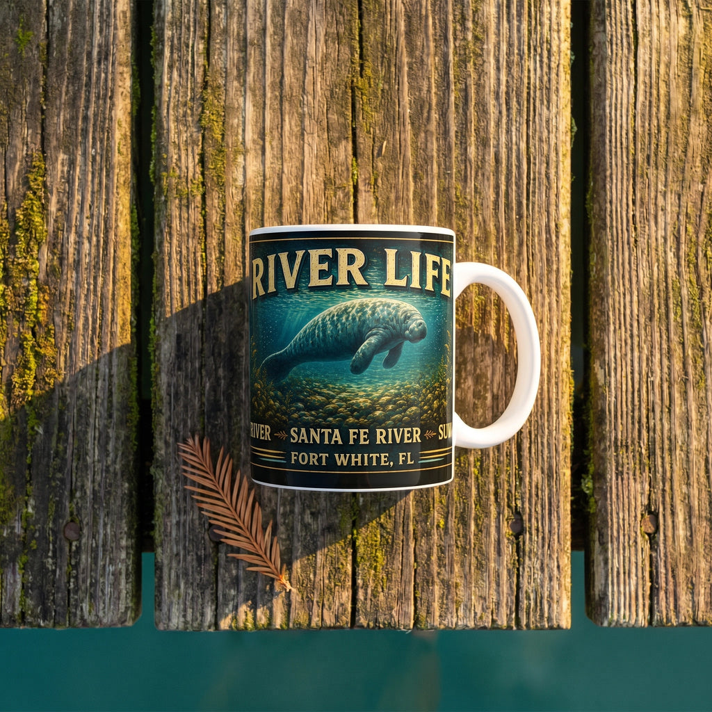 River Life Ceramic Mug Manatee Golden Springs flat-lay on moss-covered dock