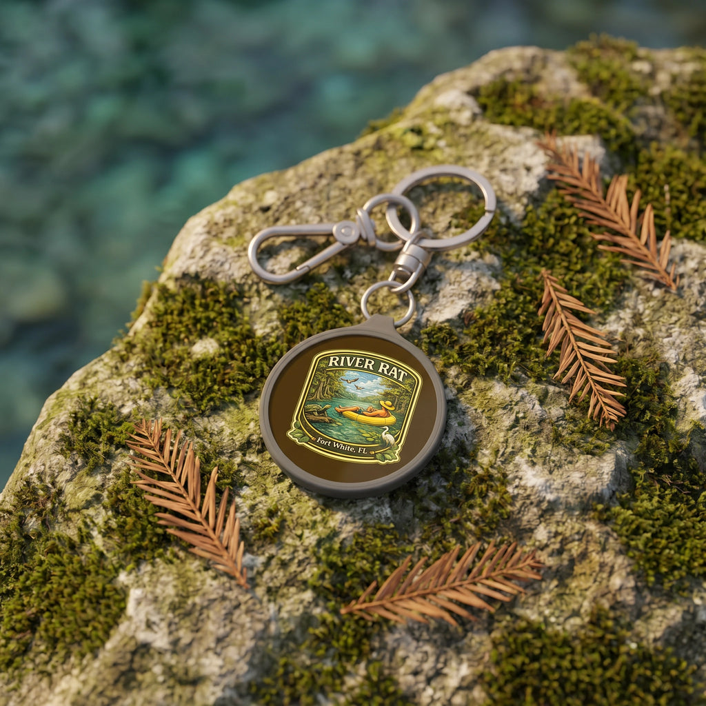 River Rat Kayak Keyring Tag flat-lay on mossy limestone at spring edge