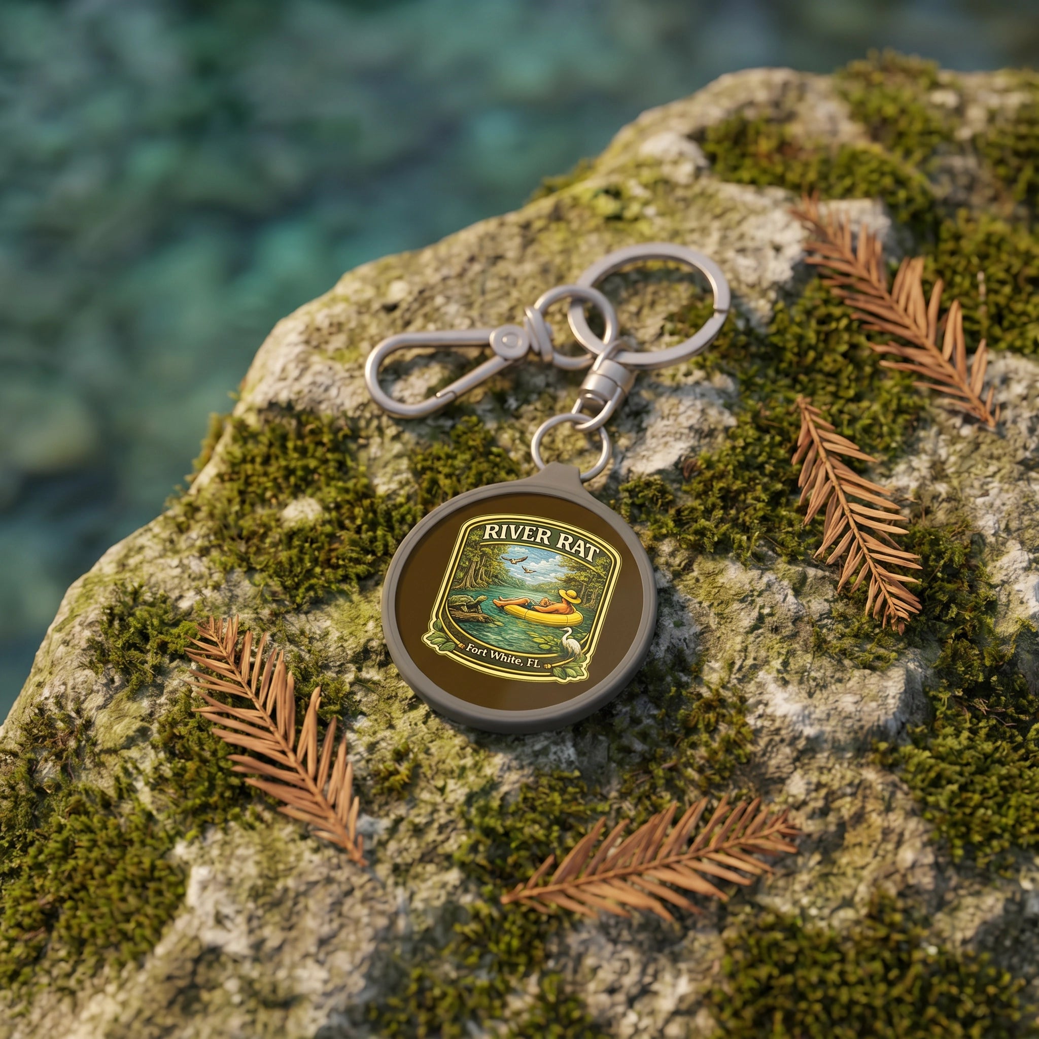 River Rat Kayak Keyring Tag flat-lay on mossy limestone at spring edge