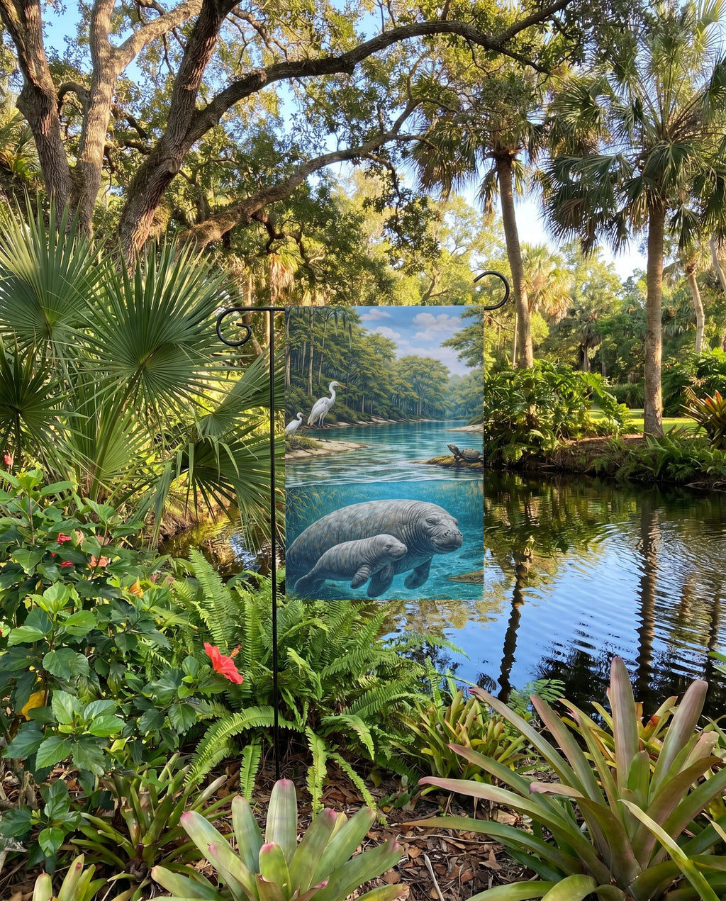 Manatee River Garden Flag lifestyle in lush Florida garden near pond