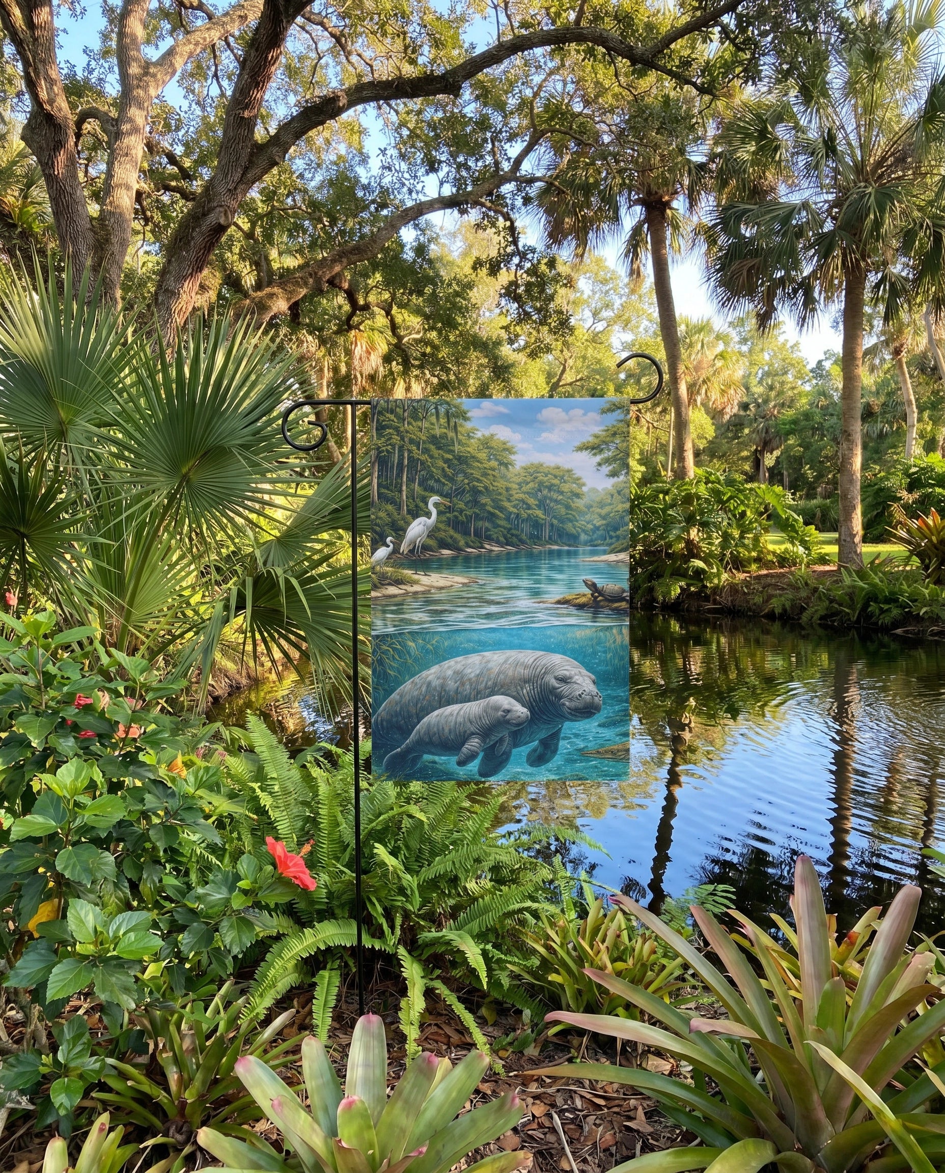 Manatee River Garden Flag lifestyle in lush Florida garden near pond