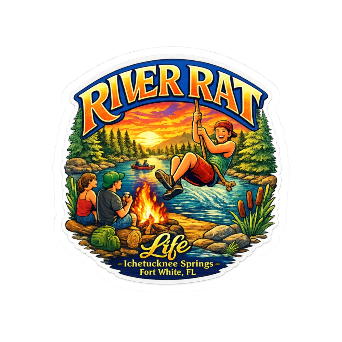 River Rat Life Sticker — Ichetucknee Springs Campfire & Rope Swing Outdoor Decal