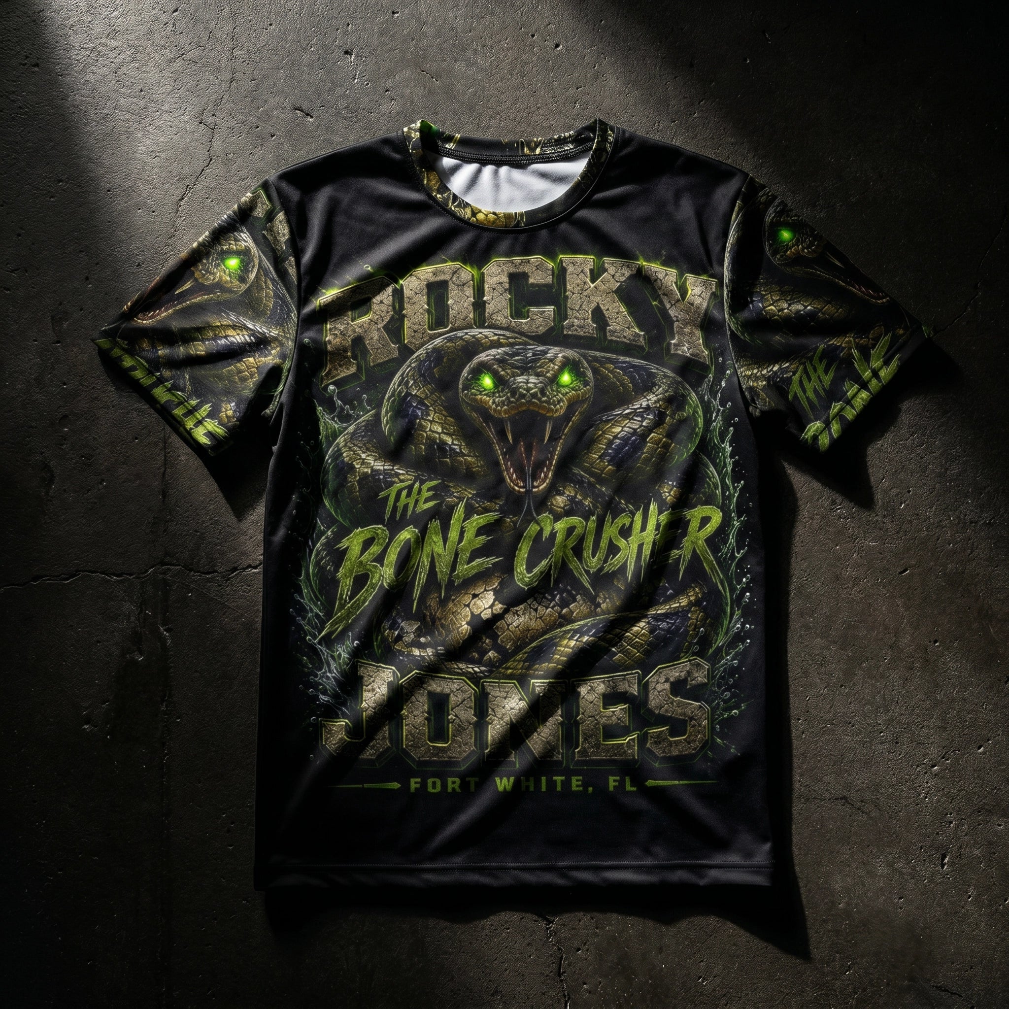 Rocky Jones AOP Walkout Shirt flat-lay on dark concrete surface