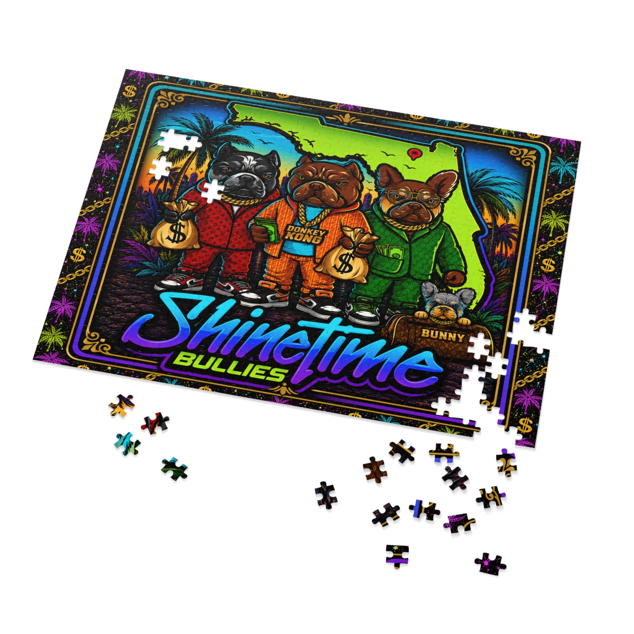 Shine Time Bullies 500-Piece Jigsaw Puzzle with Tin — Colorful Florida Bulldog Crew