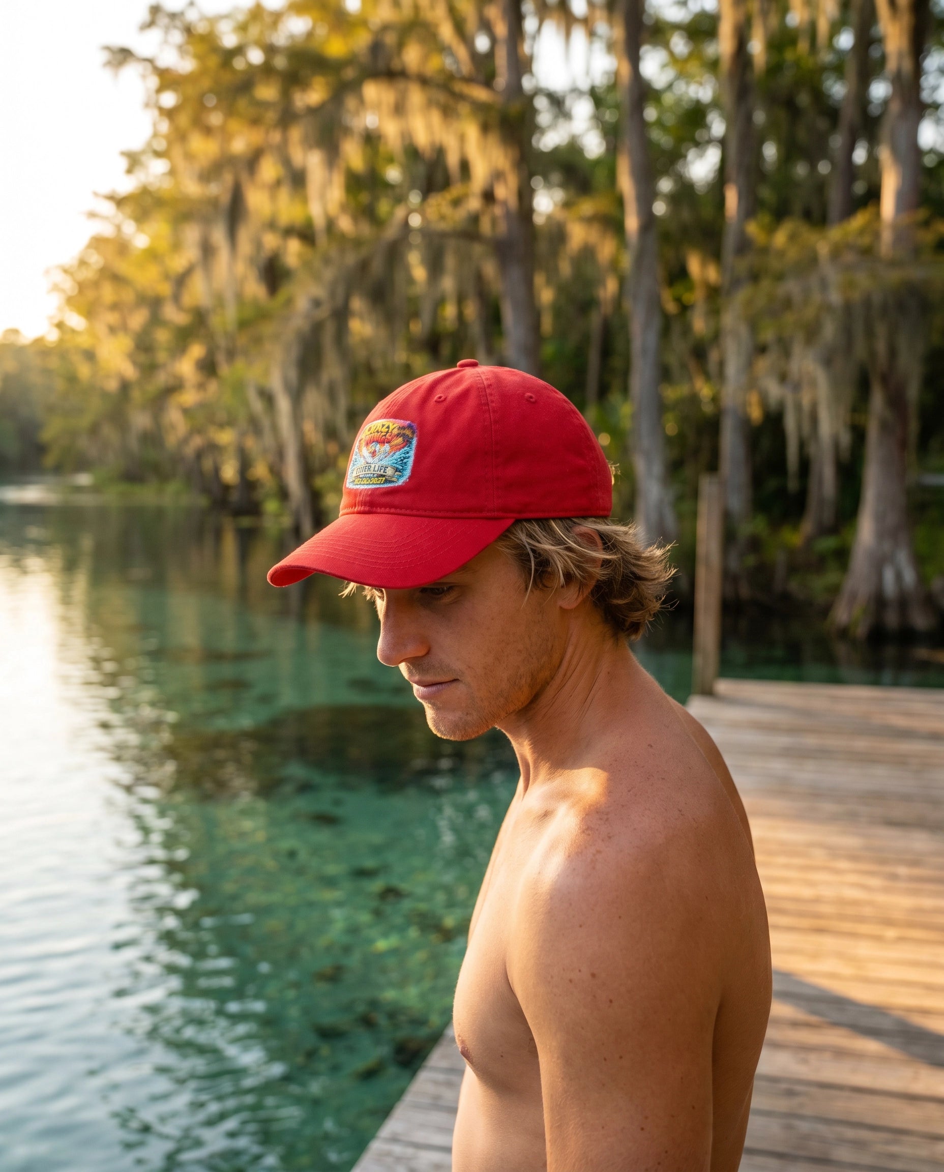 Crazy Wings River Life Dad Hat lifestyle on dock looking at spring water