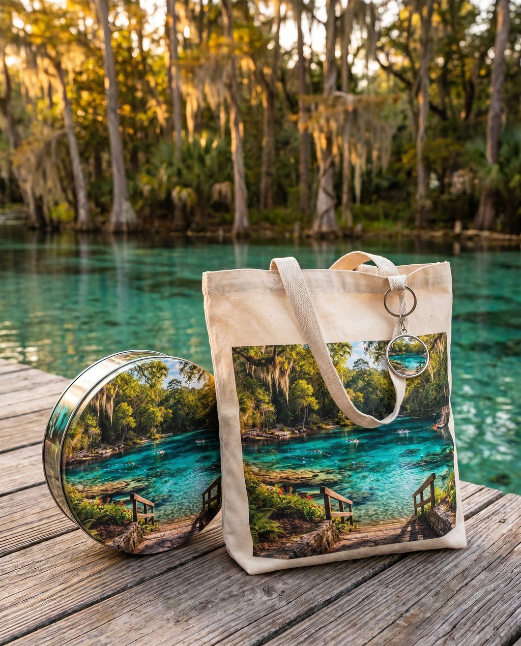 Ichetucknee Springs Gift Bundle lifestyle on dock with teal spring water