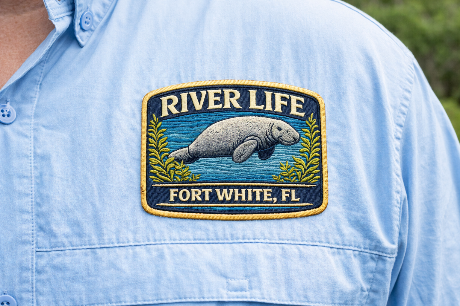 Fort White River Life Performance Shirt – Embroidered Manatee Badge – UV Long Sleeve