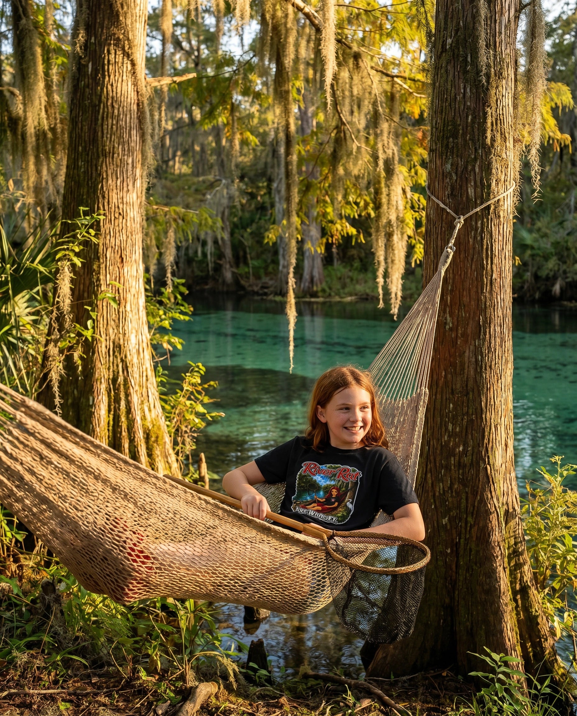The Jade River Rat Youth Tee lifestyle girl in hammock by spring with dip net
