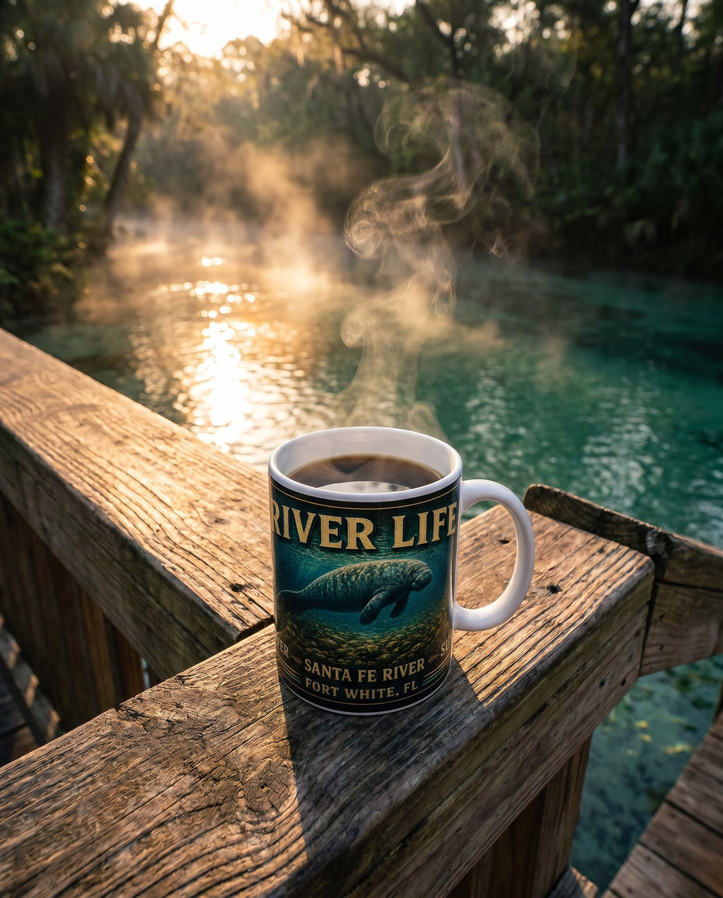 River Life Ceramic Mug Manatee Golden Springs lifestyle on dock at dawn