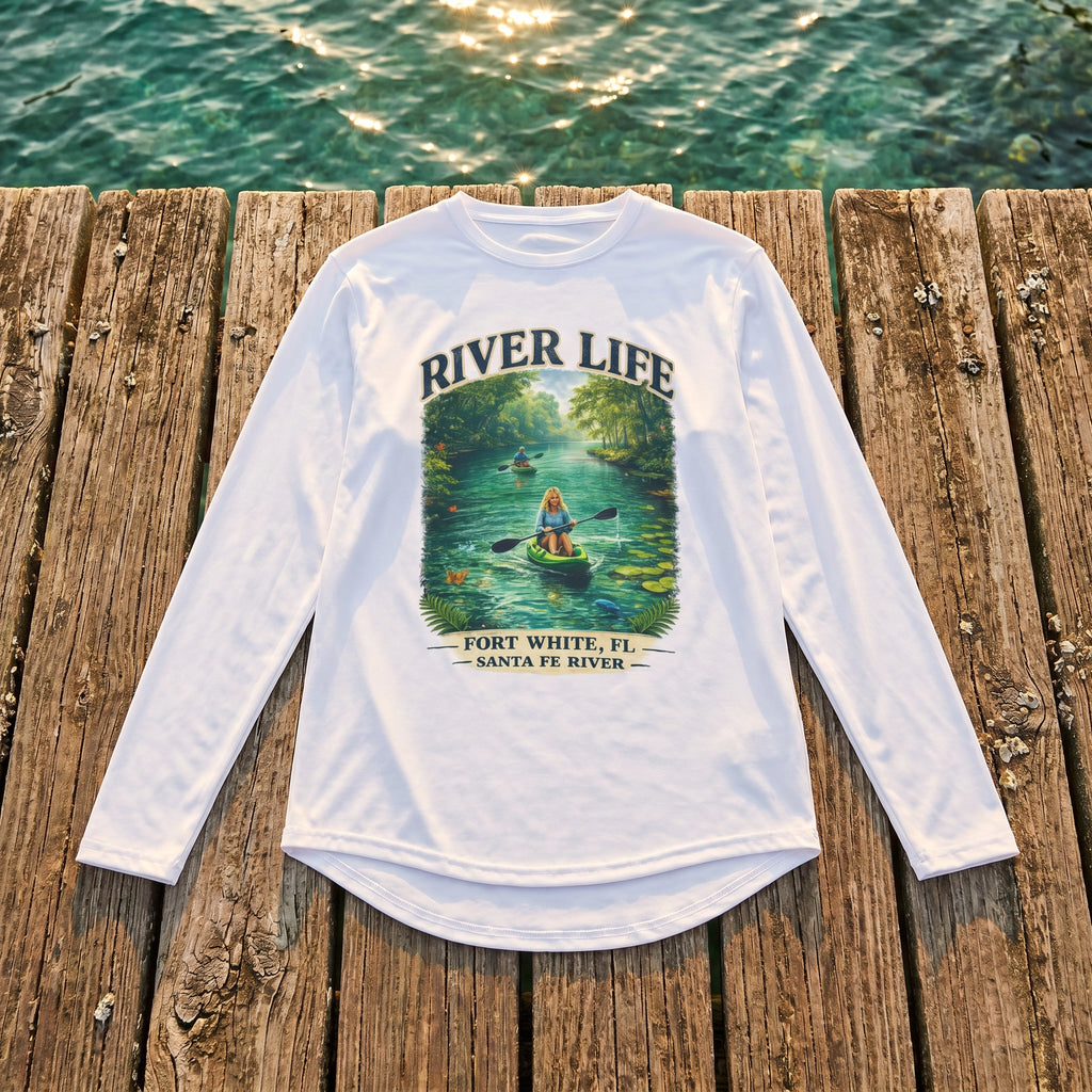 River Life UV Long Sleeve Santa Fe River flat-lay on dock