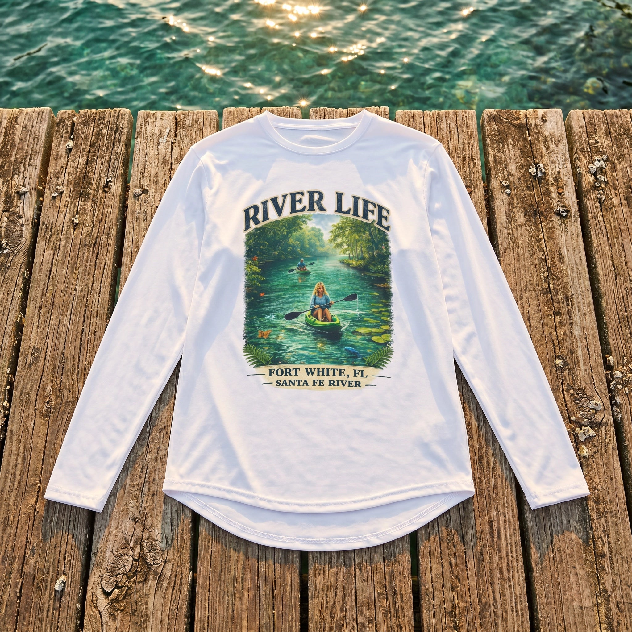 River Life UV Long Sleeve Santa Fe River flat-lay on dock