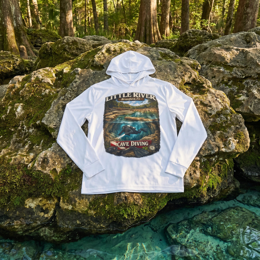 Little River Dive Performance Hoodie flat-lay on mossy limestone at spring