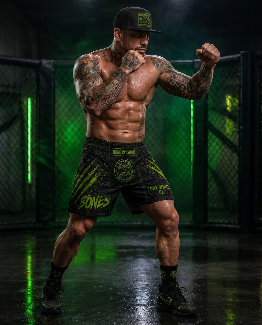 Rocky Jones AOP Walkout Shorts lifestyle in fighting stance in ring