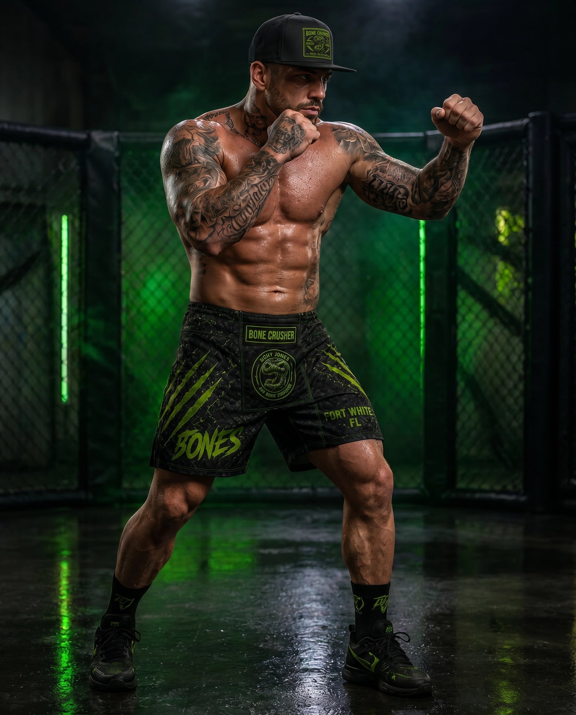 Rocky Jones AOP Walkout Shorts lifestyle in fighting stance in ring