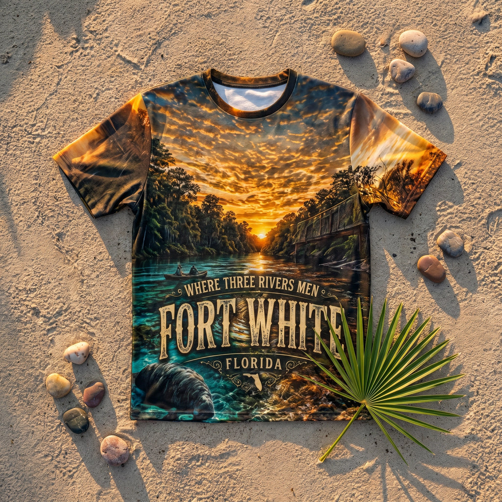 Fort White Three Rivers AOP T-Shirt flat-lay on sandy riverbank
