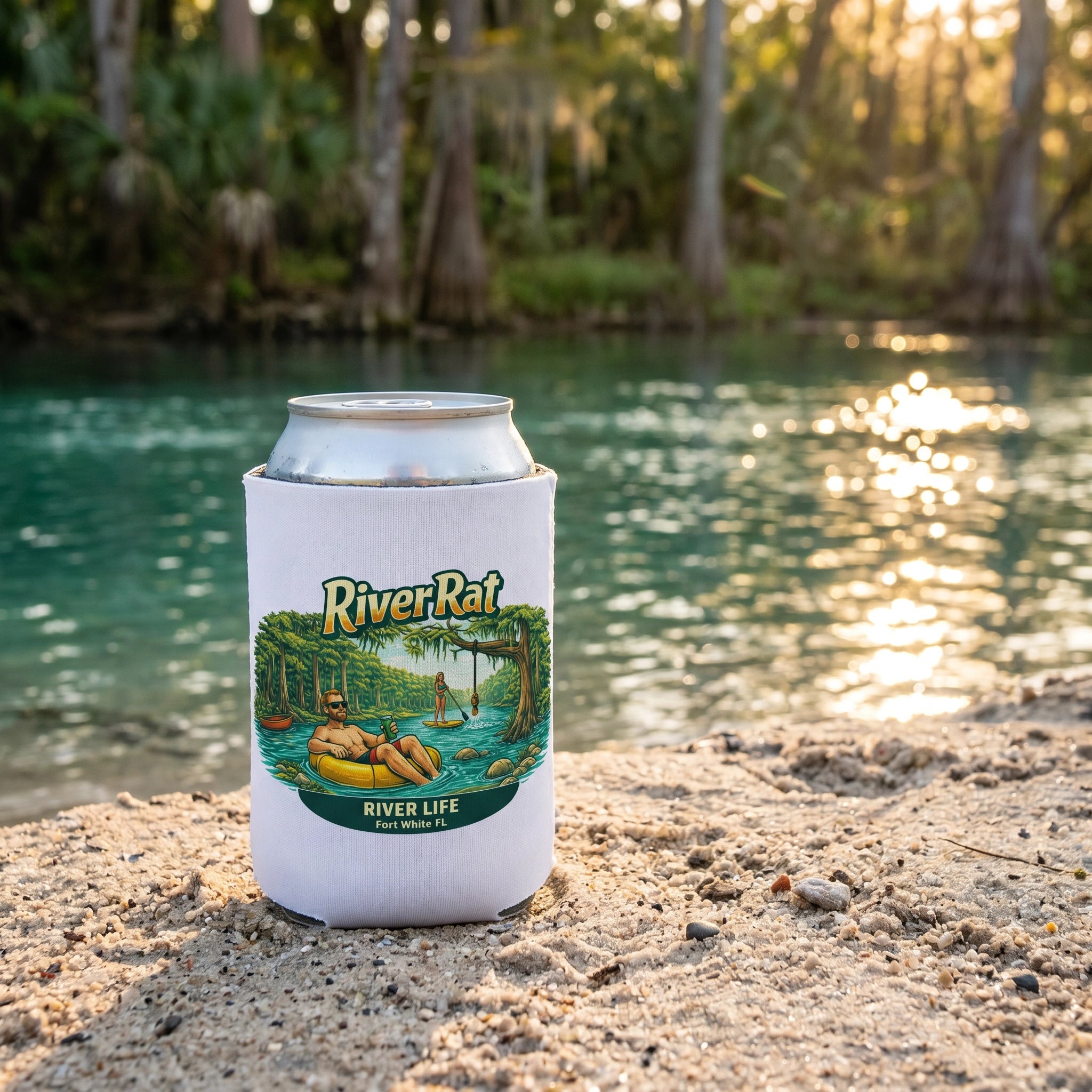 River Life Beer Can Cozy flat-lay on sandy riverbank