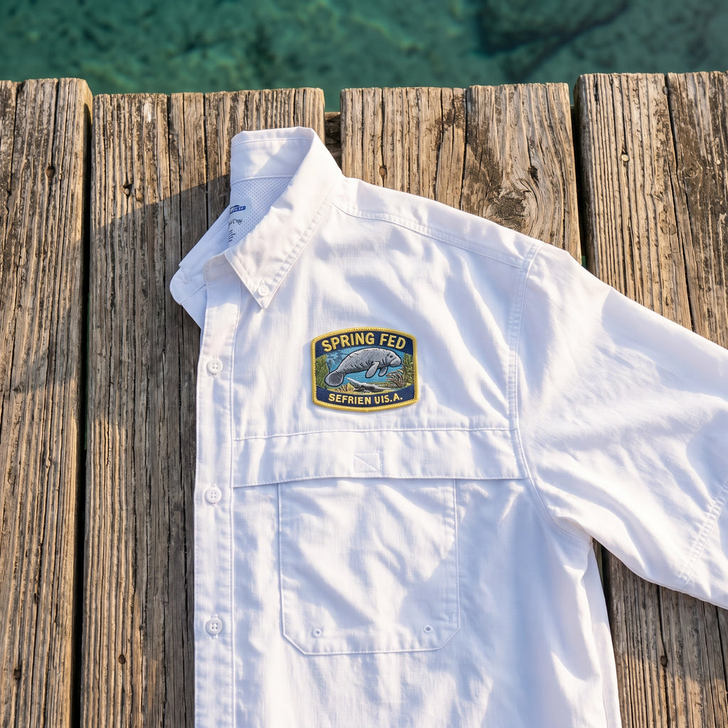 Fort White Performance Shirt Embroidered Manatee flat-lay on dock showing embroidery