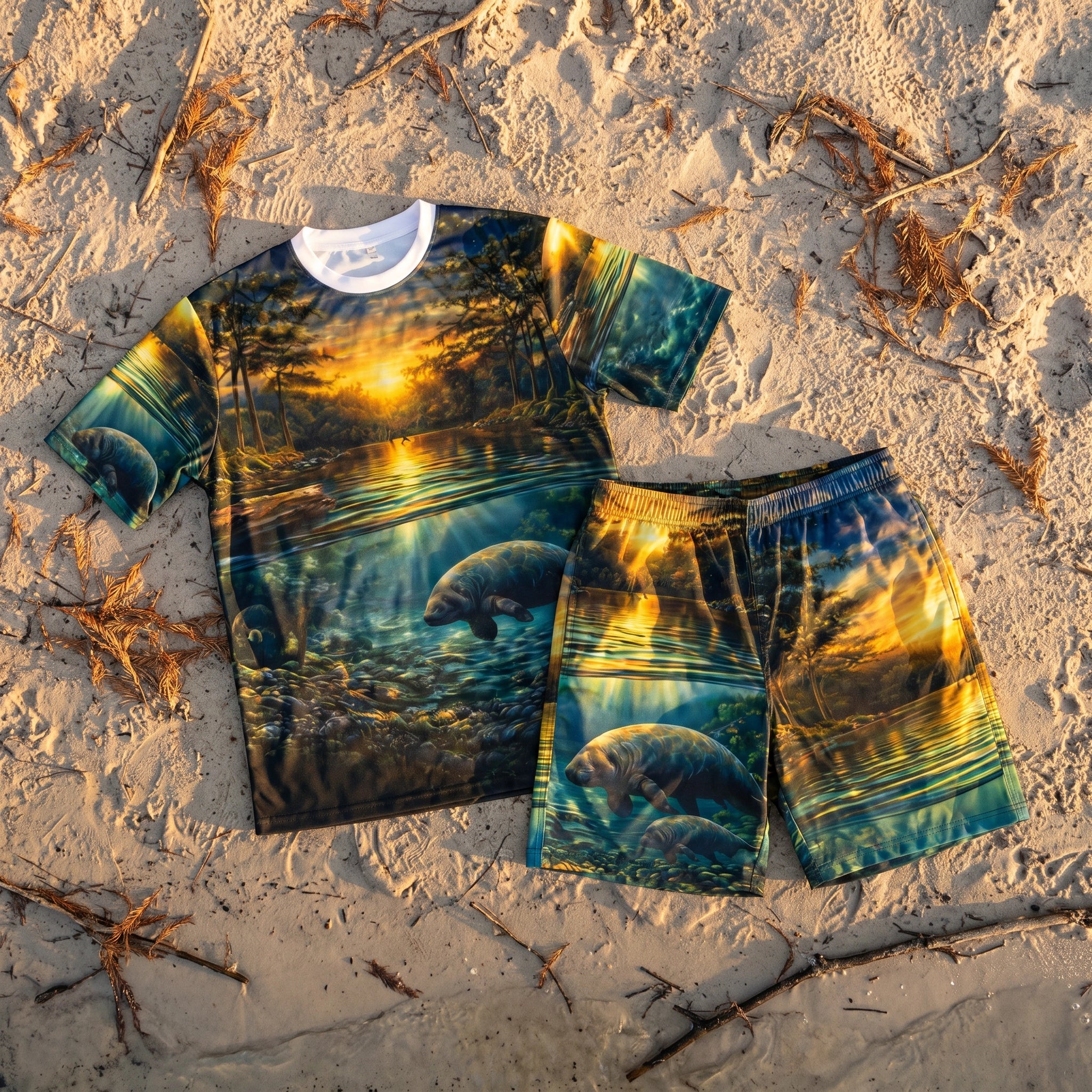 Golden Springs River Life AOP Shorts flat-lay on sandy riverbank