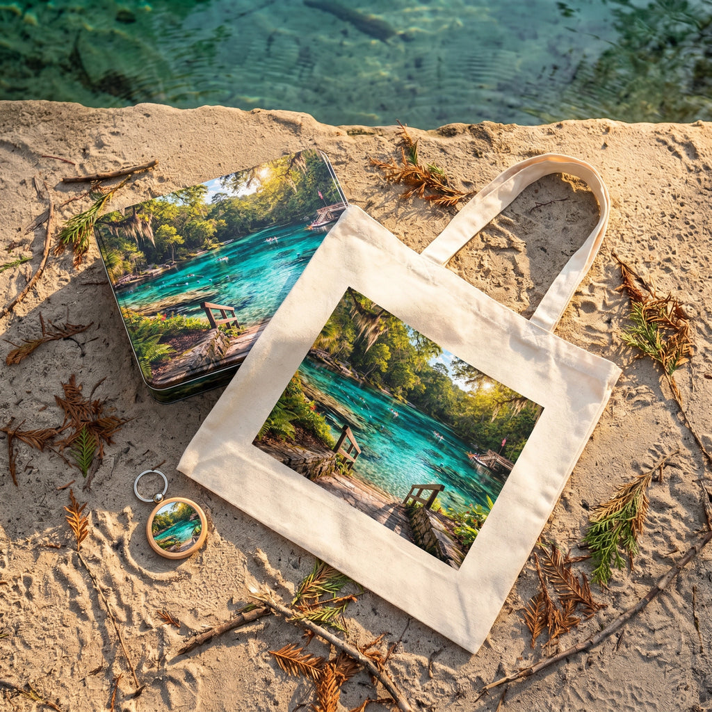 Ichetucknee Springs Gift Bundle flat-lay on sandy riverbank