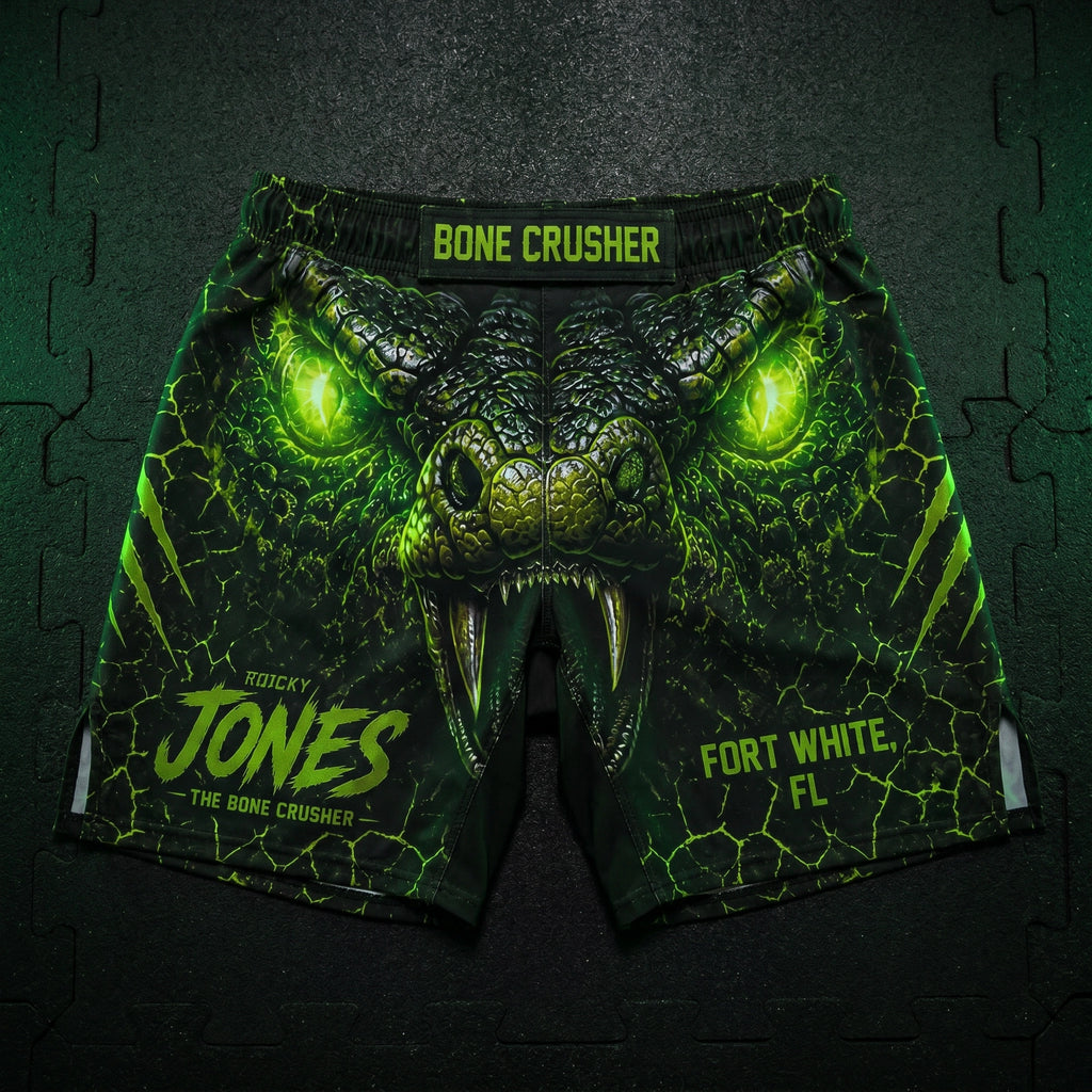 Rocky Jones AOP Walkout Shorts flat-lay on gym mat
