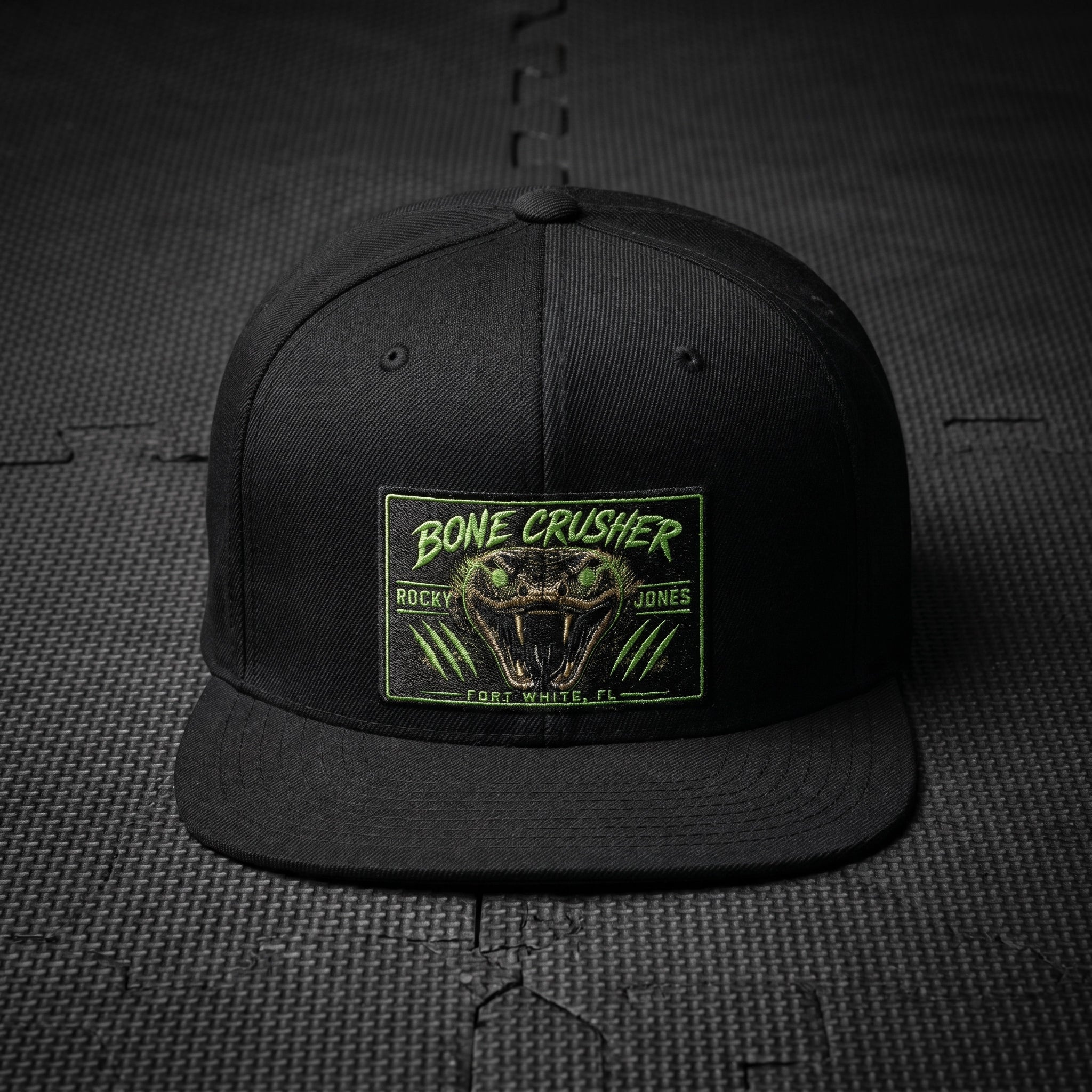 Rocky Jones AOP Walkout Hat flat-lay on gym mat