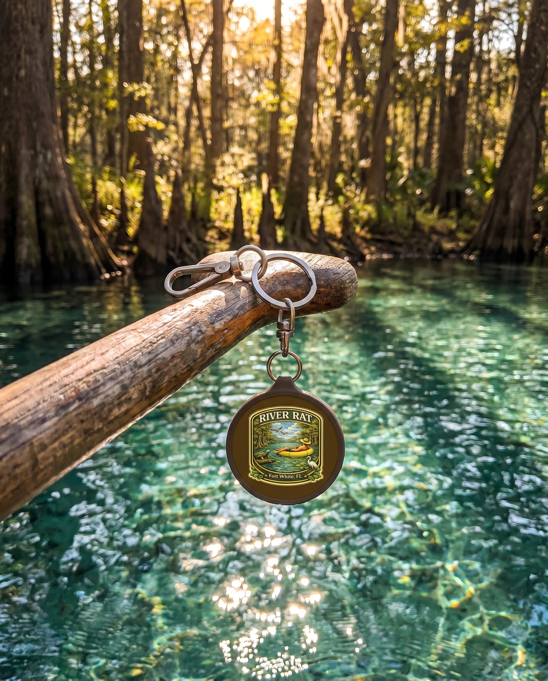 River Rat Kayak Keyring Tag lifestyle hanging from kayak paddle