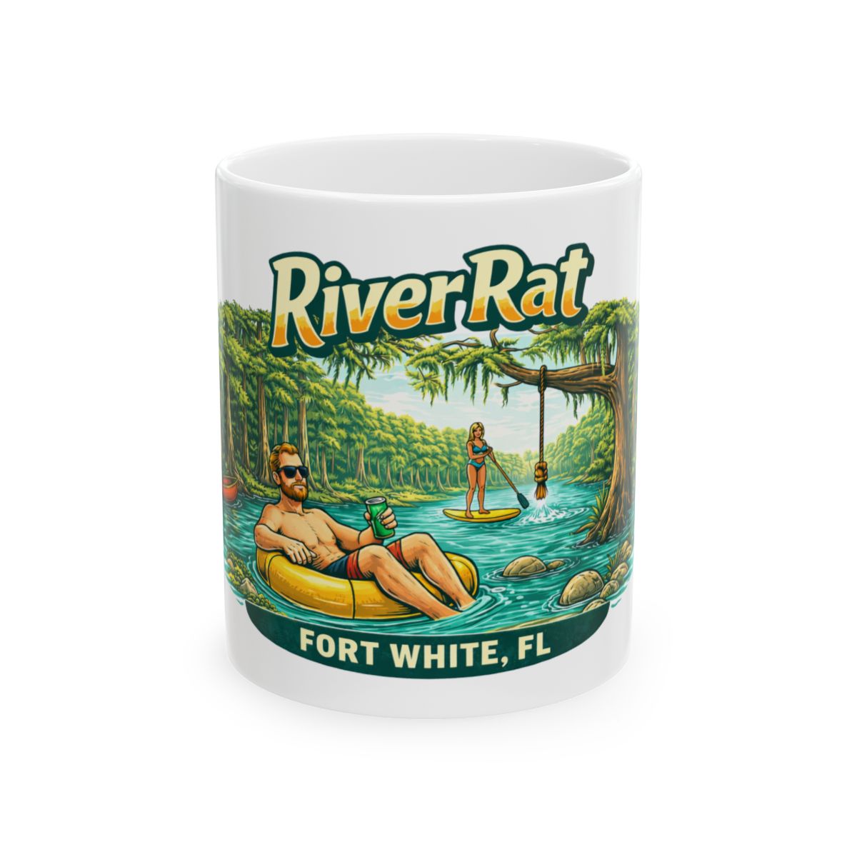 Mug with 'River Rat' design featuring a man in an inner tube and a woman on a paddleboard, set against a river and forest background.