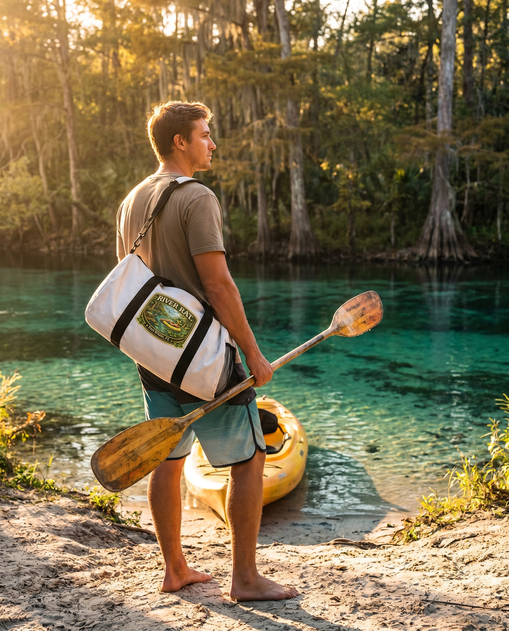 River Rat Duffel Bag lifestyle at river put-in with kayak