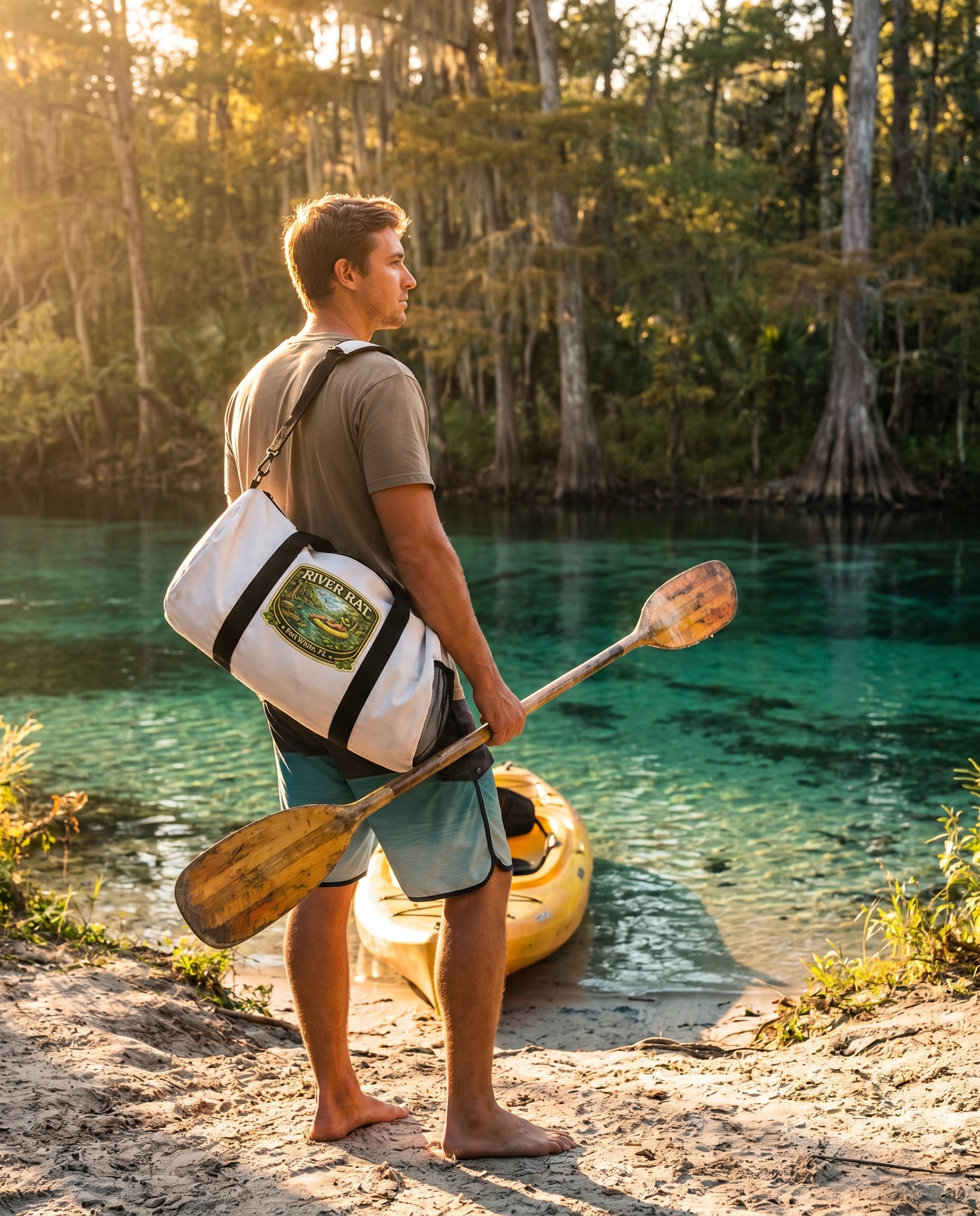 River Rat Duffel Bag lifestyle at river put-in with kayak