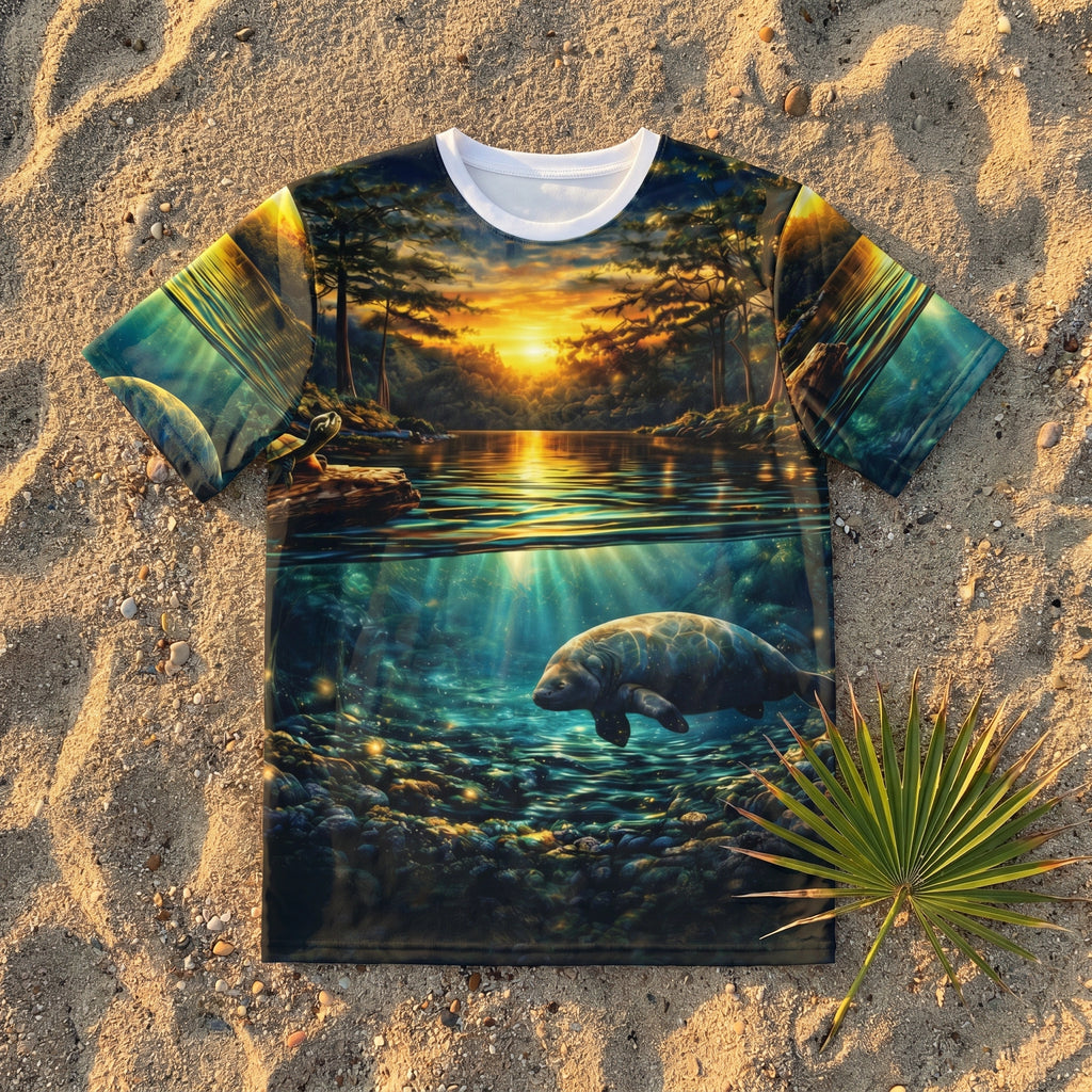 Golden Springs River Life Mens AOP Tee flat-lay on sandy riverbank