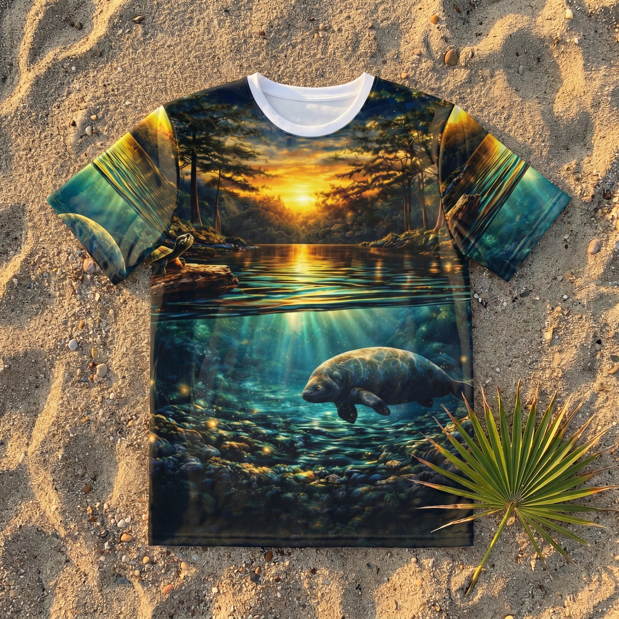 Golden Springs River Life Mens AOP Tee flat-lay on sandy riverbank