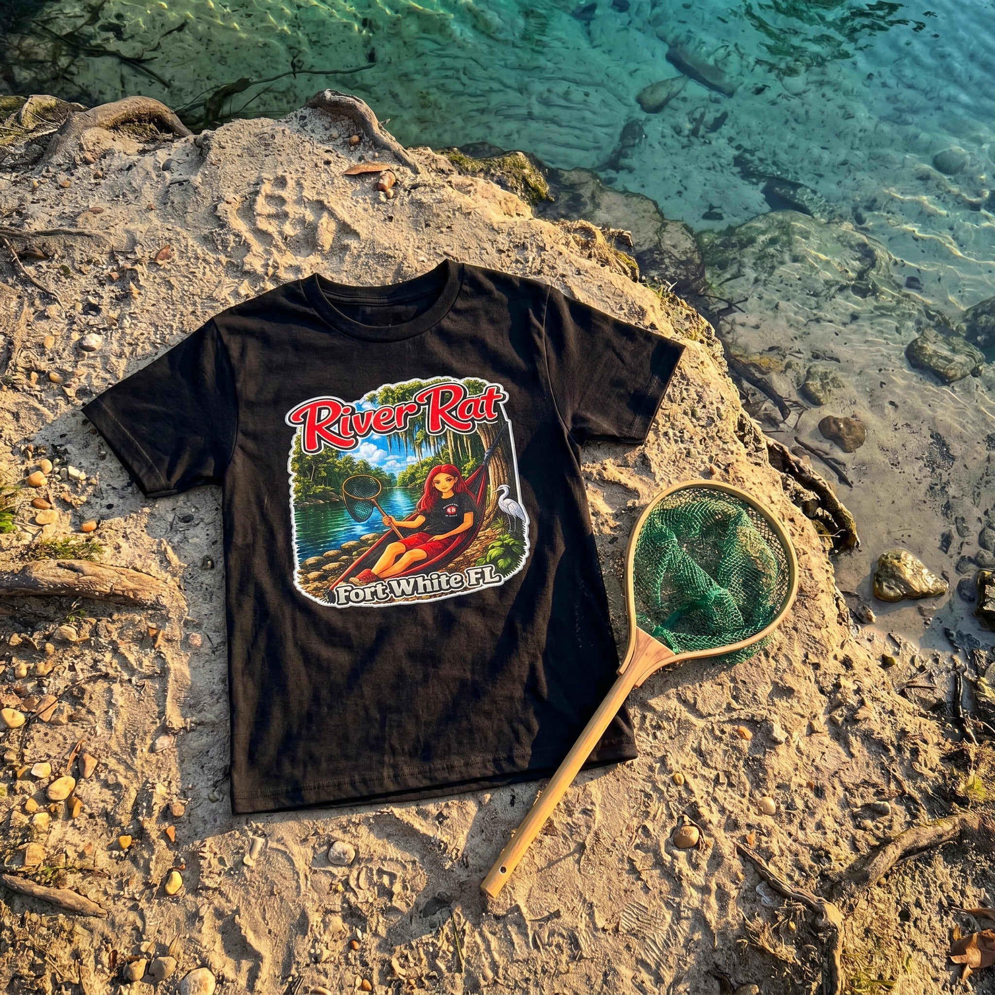 The Jade River Rat Youth Tee flat-lay on limestone riverbank with dip net