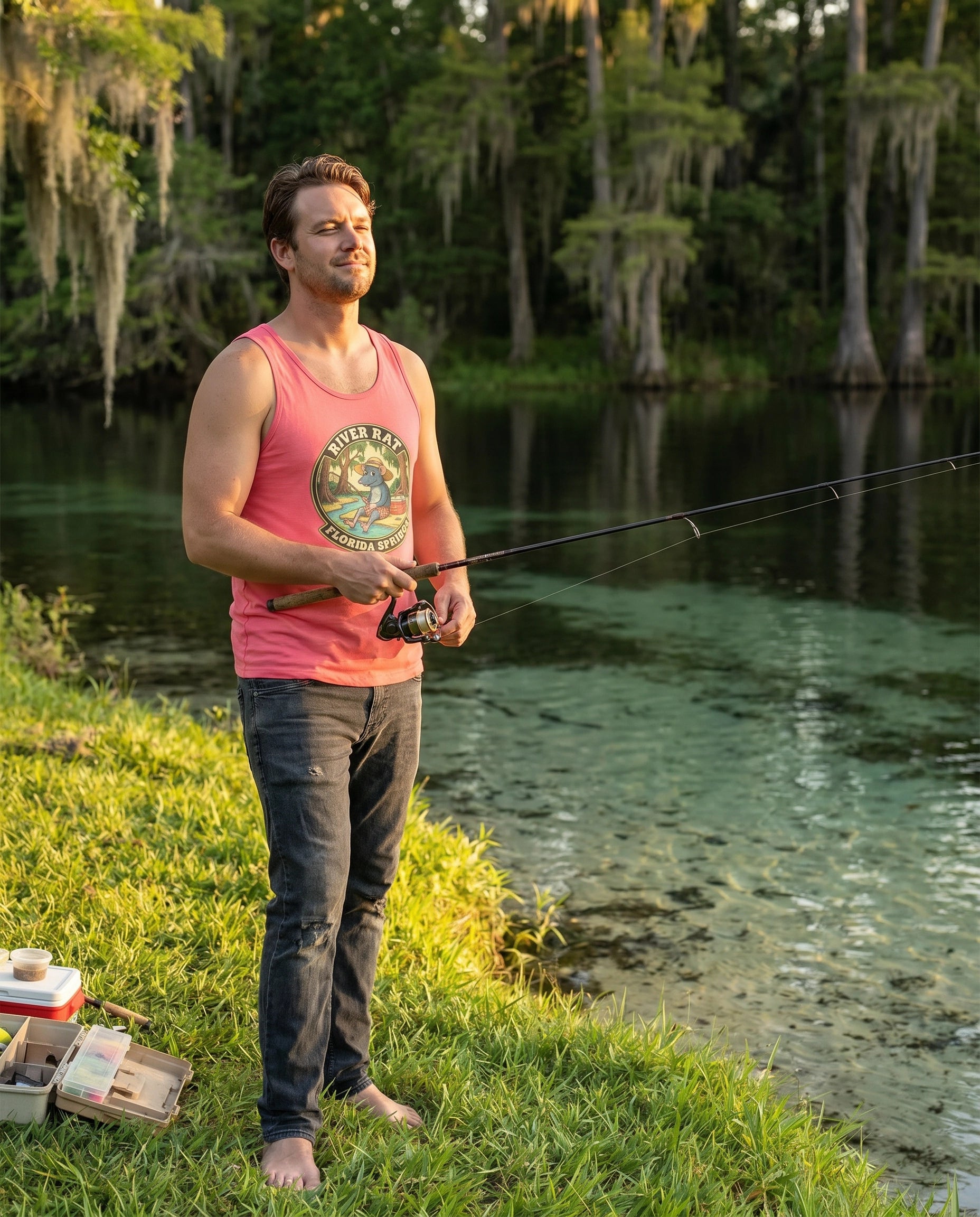 River Rat Fort White FL Fishing Tank lifestyle on riverbank with fishing rod