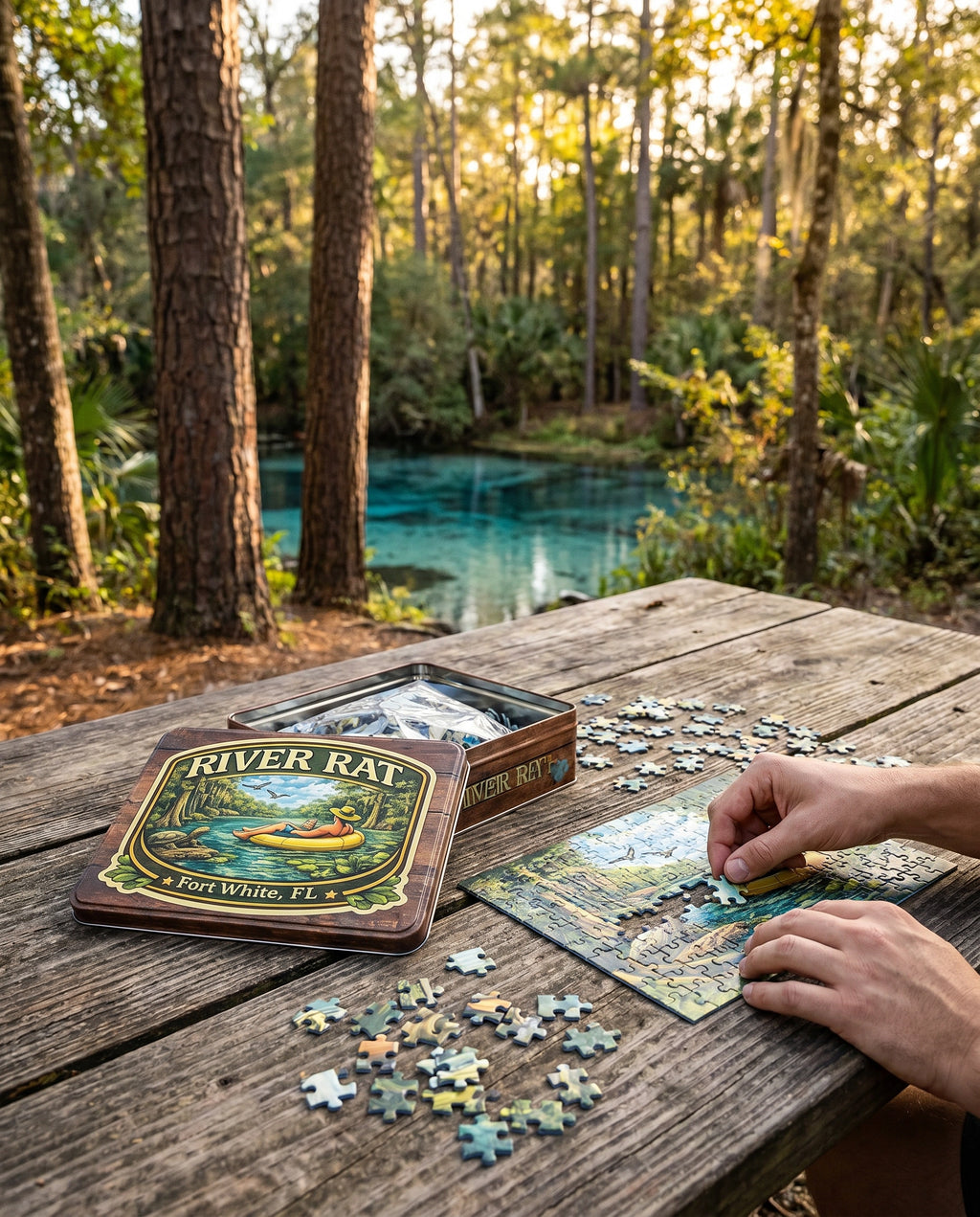 Ichetucknee Head Springs Jigsaw Puzzle lifestyle at riverside picnic table