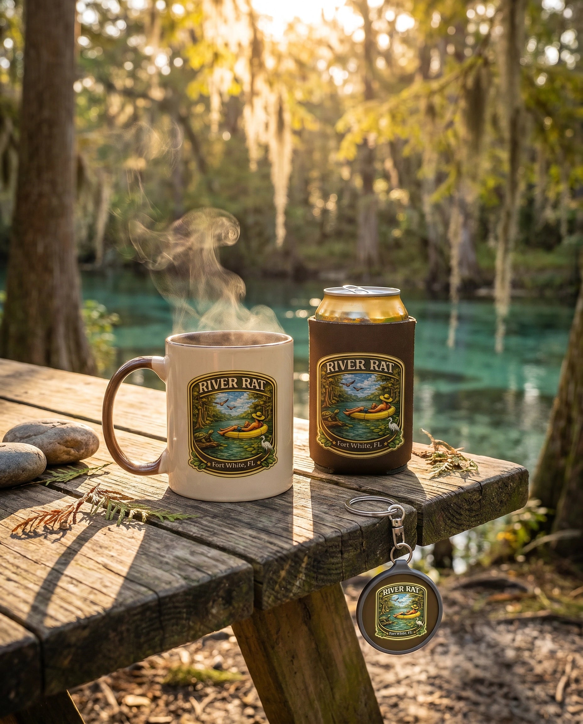 River Life Gift Bundle Mug Cozy Keyring lifestyle on rustic riverside table