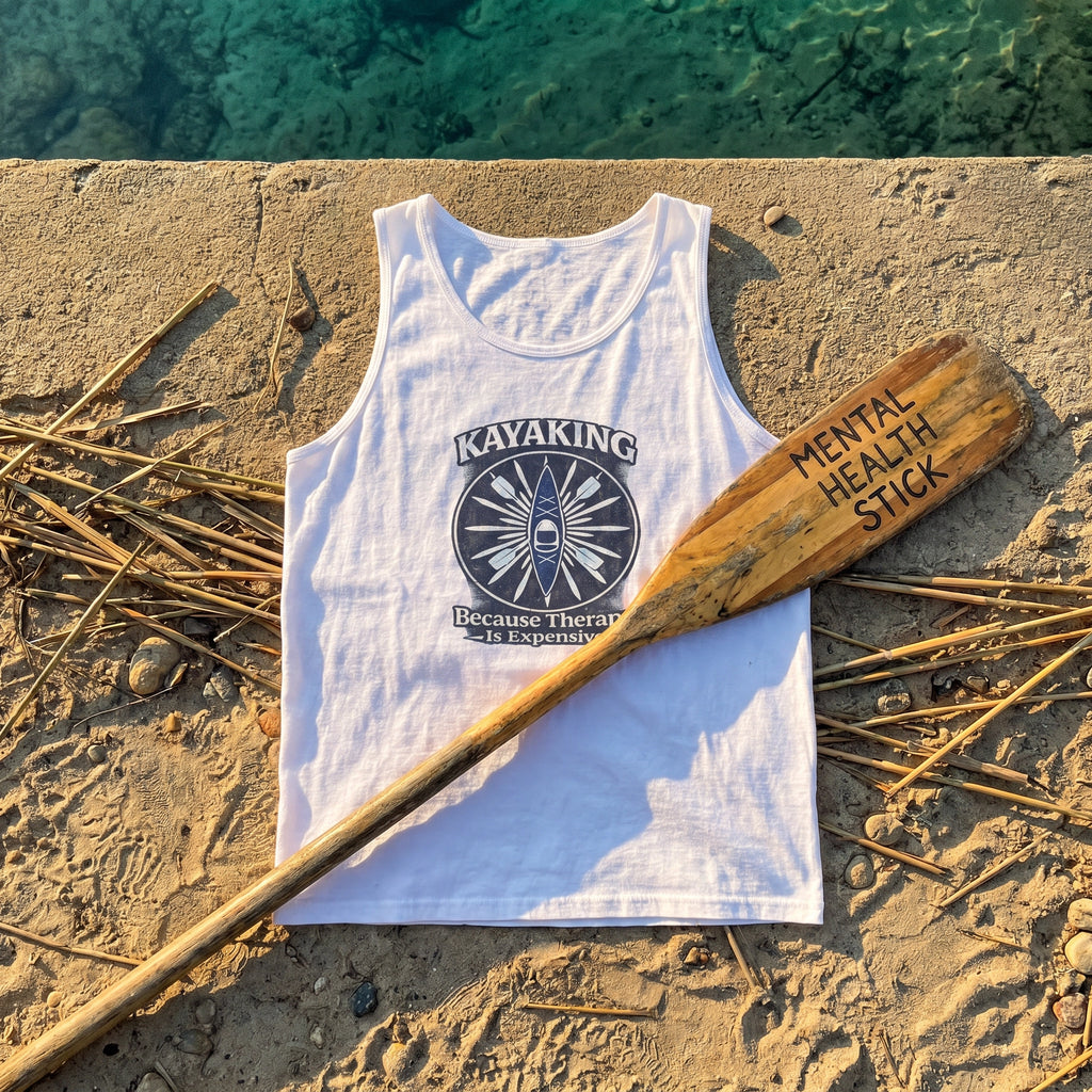 Kayaking Because Therapy Is Expensive tee flat-lay with kayak paddle