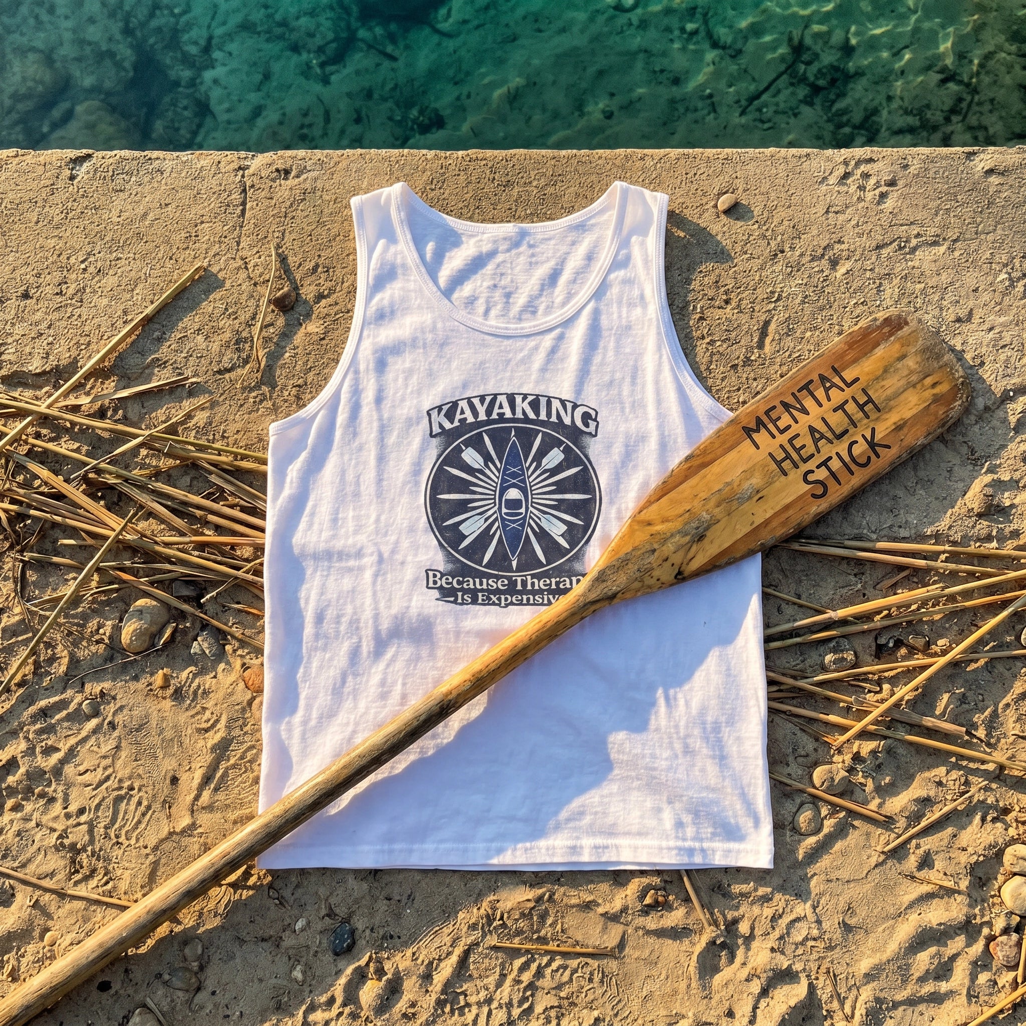 Kayaking Because Therapy Is Expensive tee flat-lay with kayak paddle