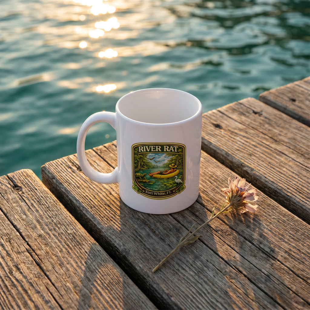 River Rat Ceramic Mug flat-lay on dock with wildflower