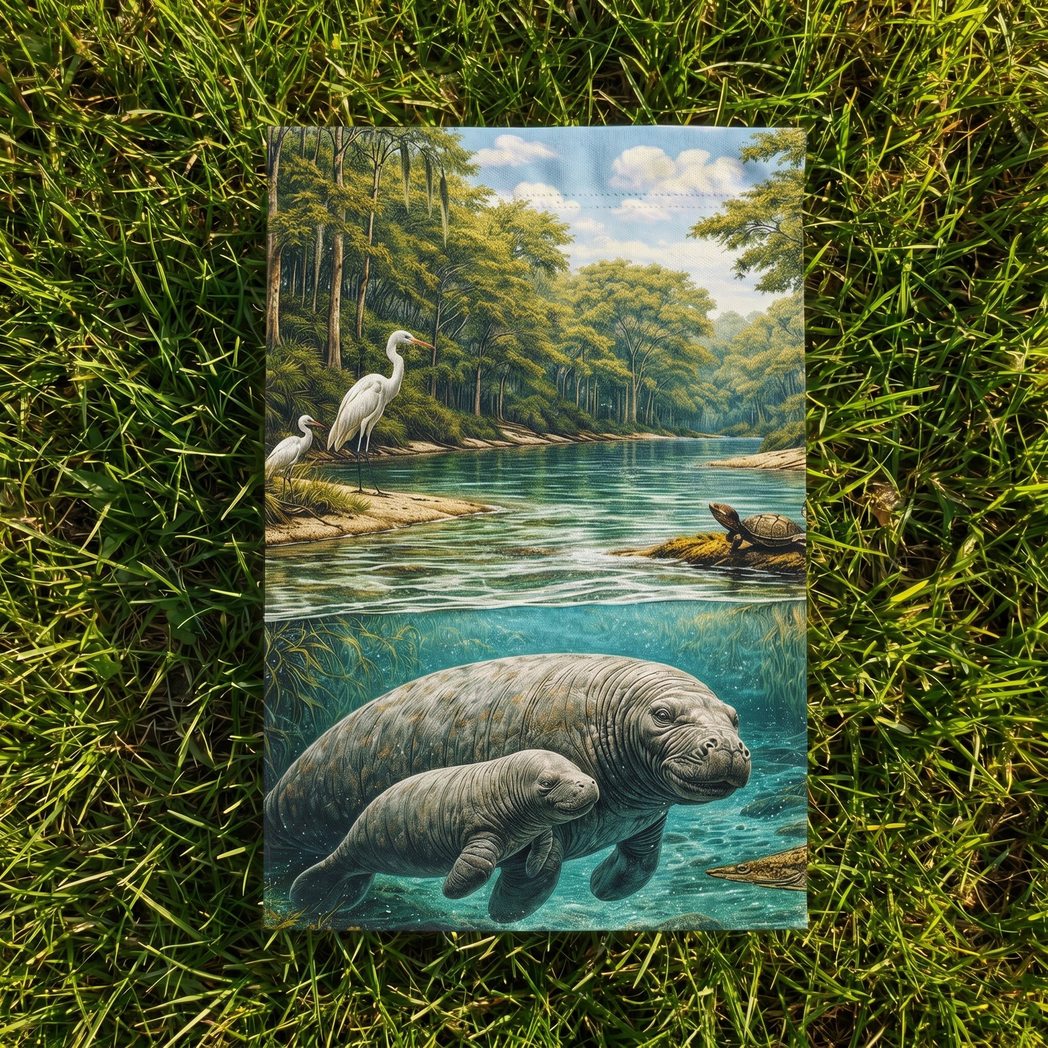Manatee River Garden Flag flat-lay on green grass