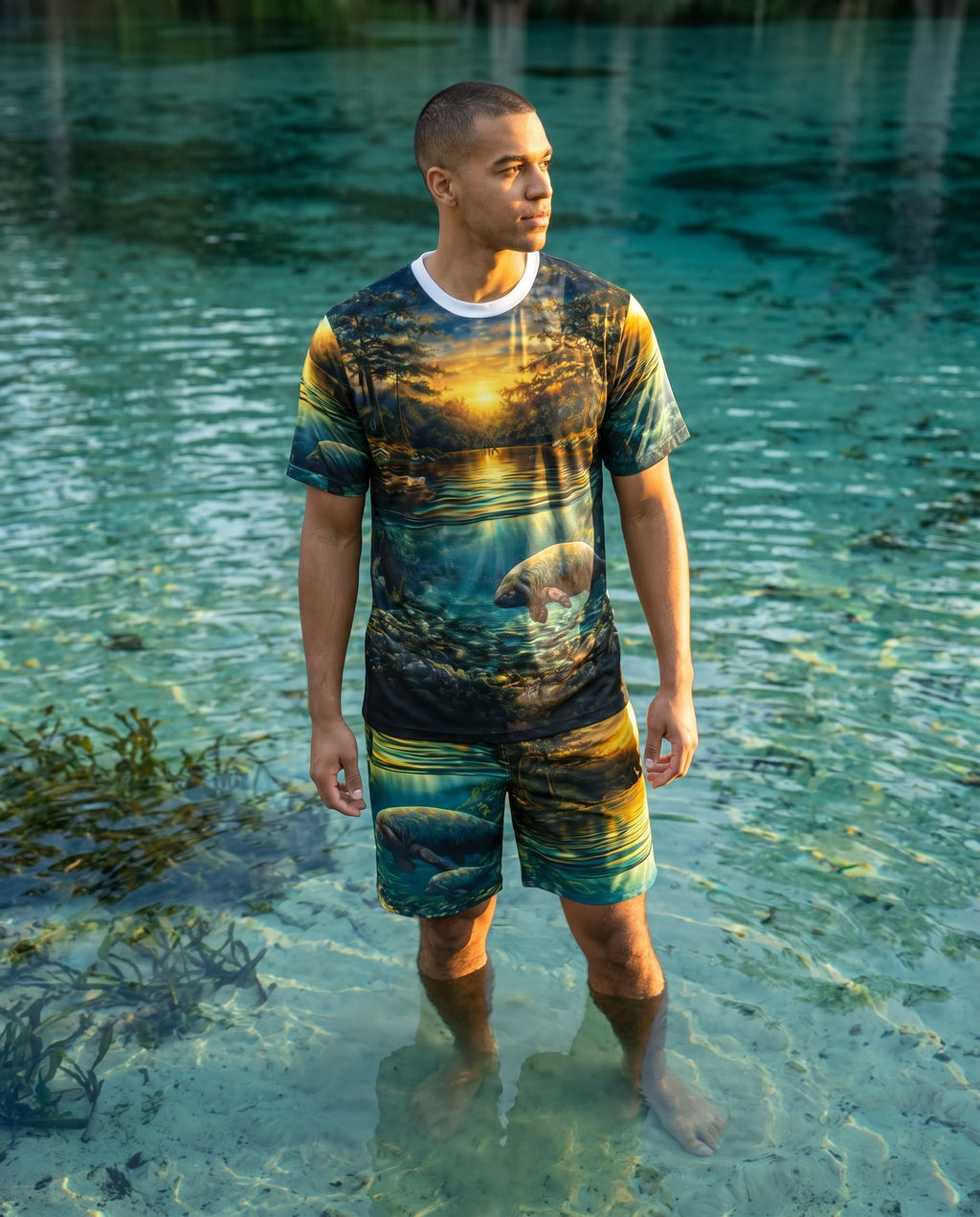 Golden Springs River Life AOP Shorts lifestyle standing in spring water