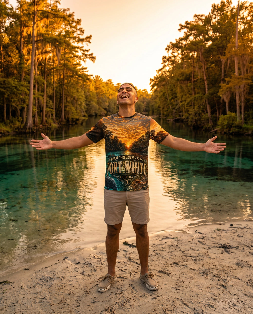 Fort White Three Rivers AOP T-Shirt lifestyle arms wide at river confluence