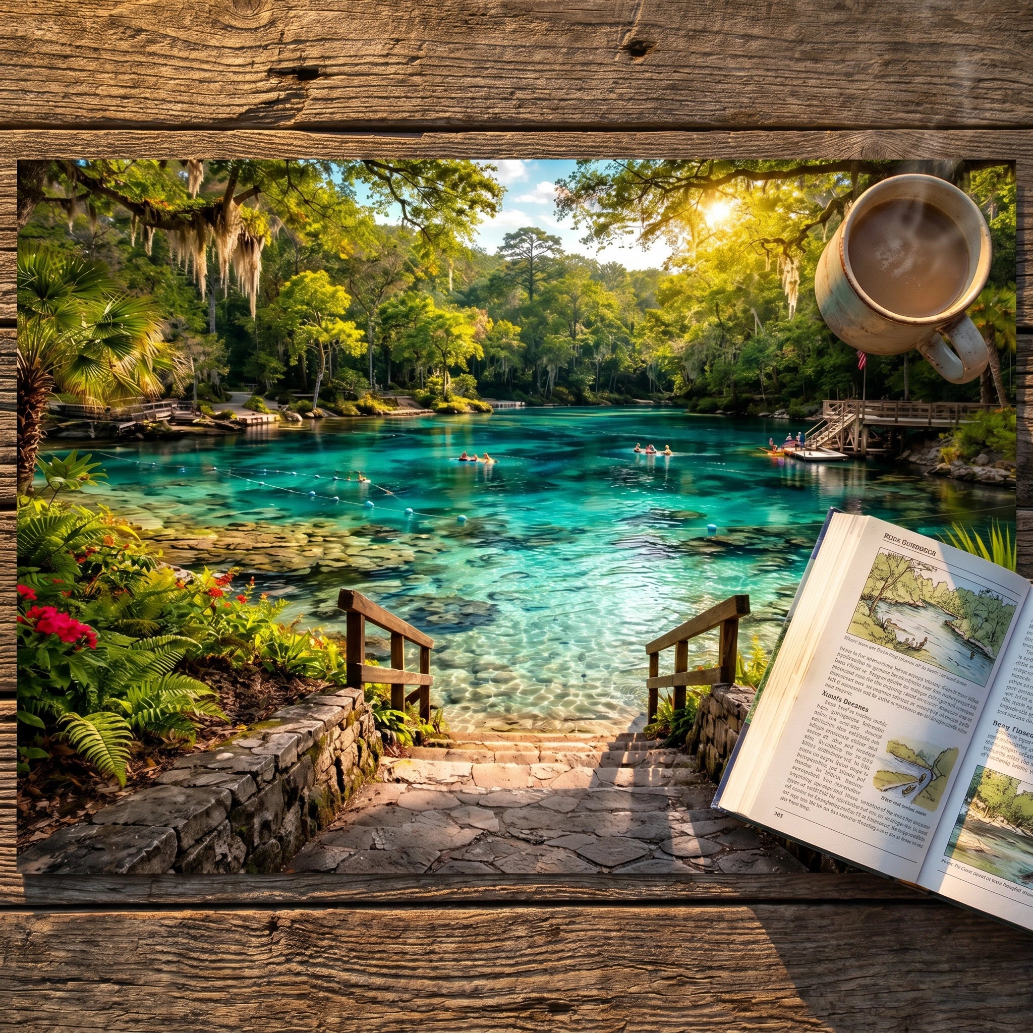 River Life Springscape Wall Art flat-lay on rustic wood with coffee mug