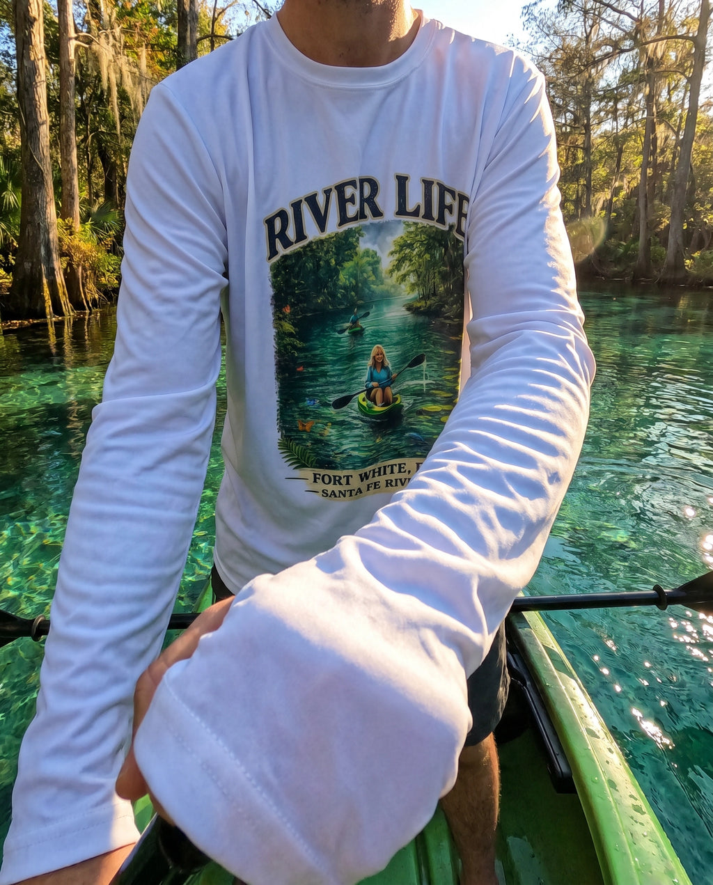 River Life UV Long Sleeve Santa Fe River lifestyle paddling on spring water