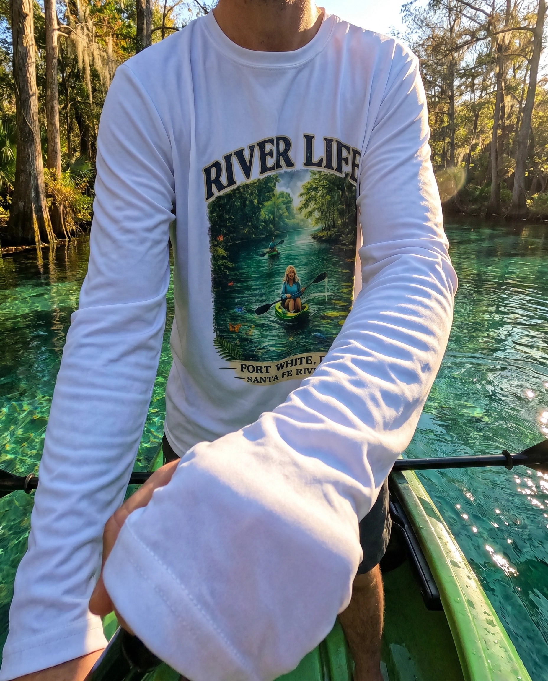 River Life UV Long Sleeve Santa Fe River lifestyle paddling on spring water
