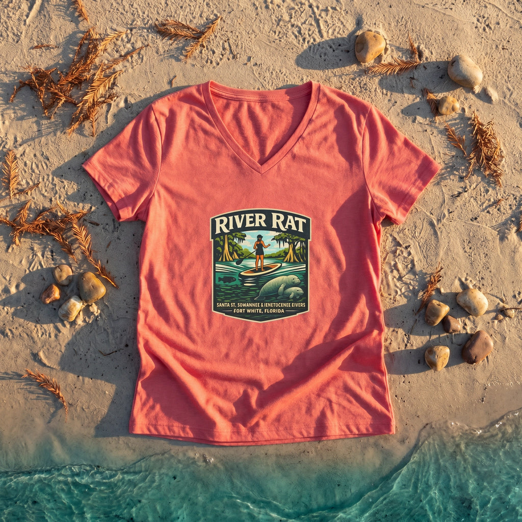 River Rat Ladies T-Shirt flat-lay on sandy riverbank
