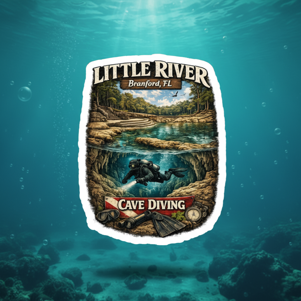 Little River Cave Diving Sticker on Florida Springs teal background