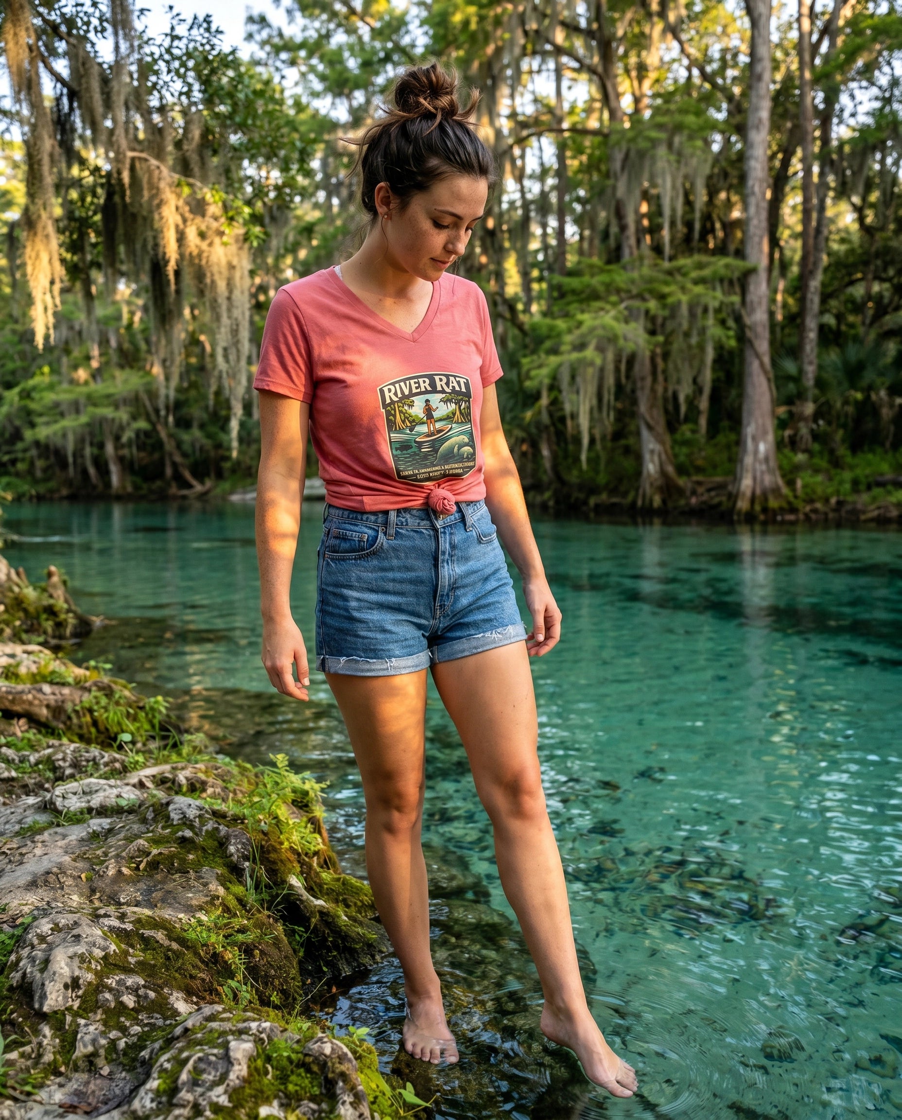 River Life Ladies Tee — woman standing on limestone riverbank, foot in crystal spring water, cypress canopy, golden hour light