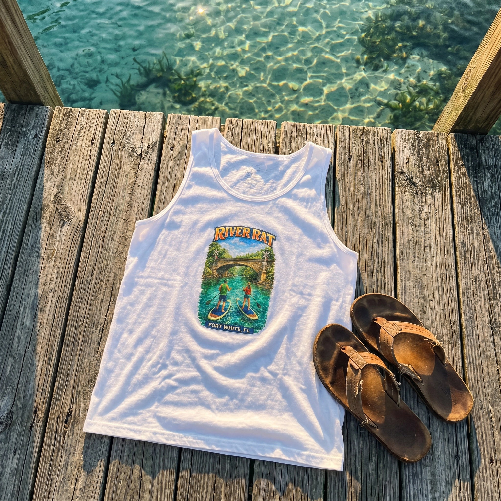 River Life Tank Top — flat-lay on weathered dock with flip-flops, teal spring water above